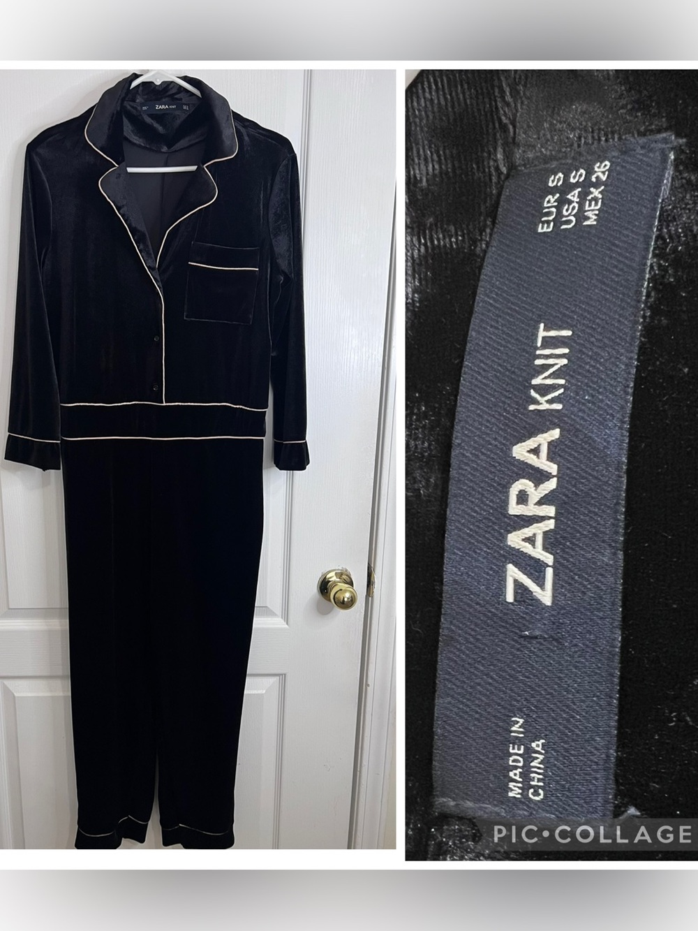 ZARA Black Velvet Jumpsuit with Cream Piping size S